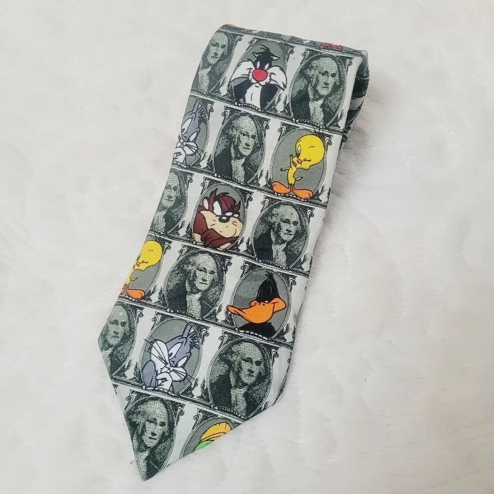 VTG Looney Toons Mania Funny Money Tie 1996 Dollar Bill Bugs Daffy Taz Friends